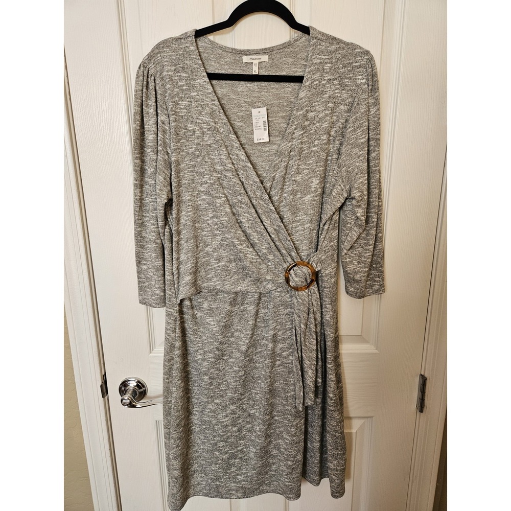 NWT Maurices Gray Marled Wrap V-Neck Ring Accent 3/4 Sleeves Dress, Sz. XL